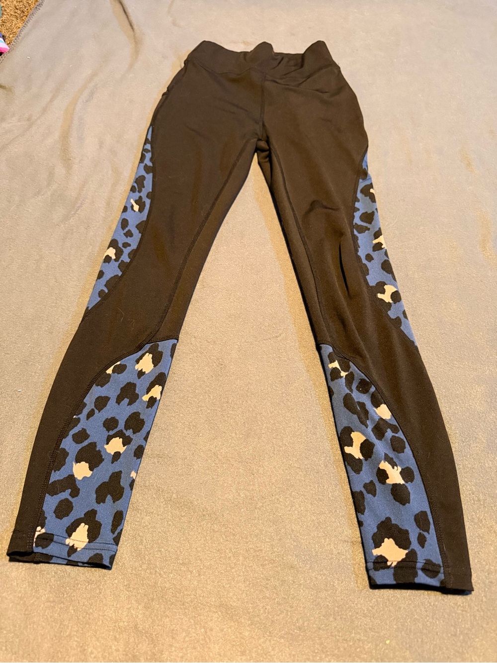 Girls' Black Leggings with Blue Leopard Panels